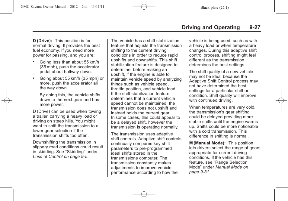 Driving and operating 9-27 | GMC 2012 Savana User Manual | Page 235 / 424