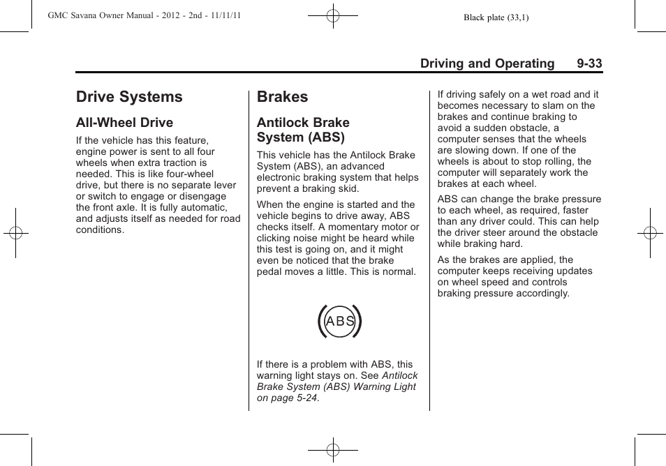 Drive systems, All-wheel drive, Brakes | Antilock brake system (abs), Drive systems -33 brakes -33, All-wheel drive -33, Antilock brake, System (abs) -33 | GMC 2012 Savana User Manual | Page 241 / 424