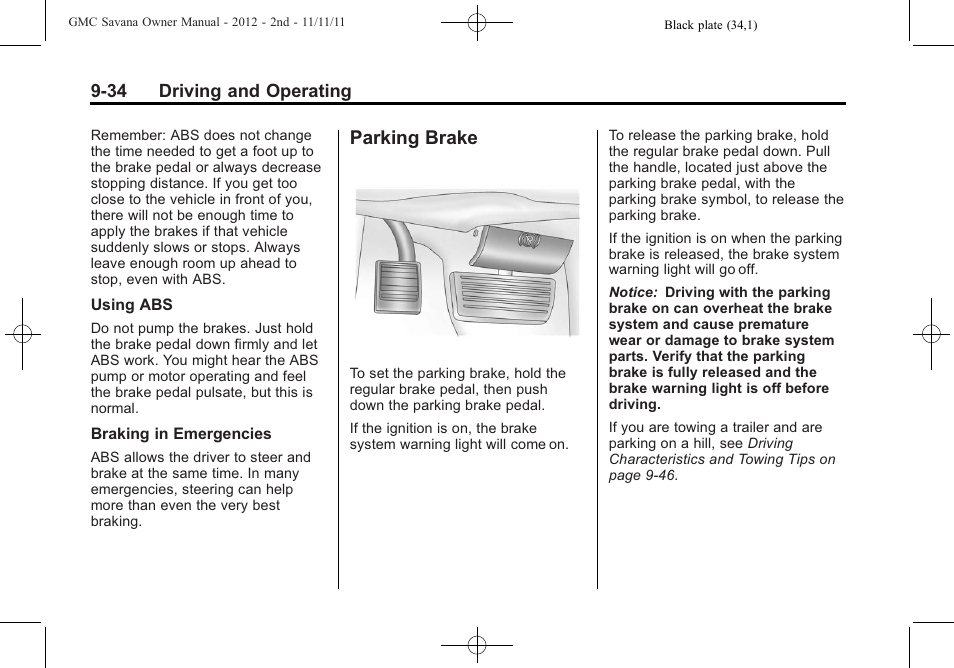 Parking brake, Parking brake -34 | GMC 2012 Savana User Manual | Page 242 / 424