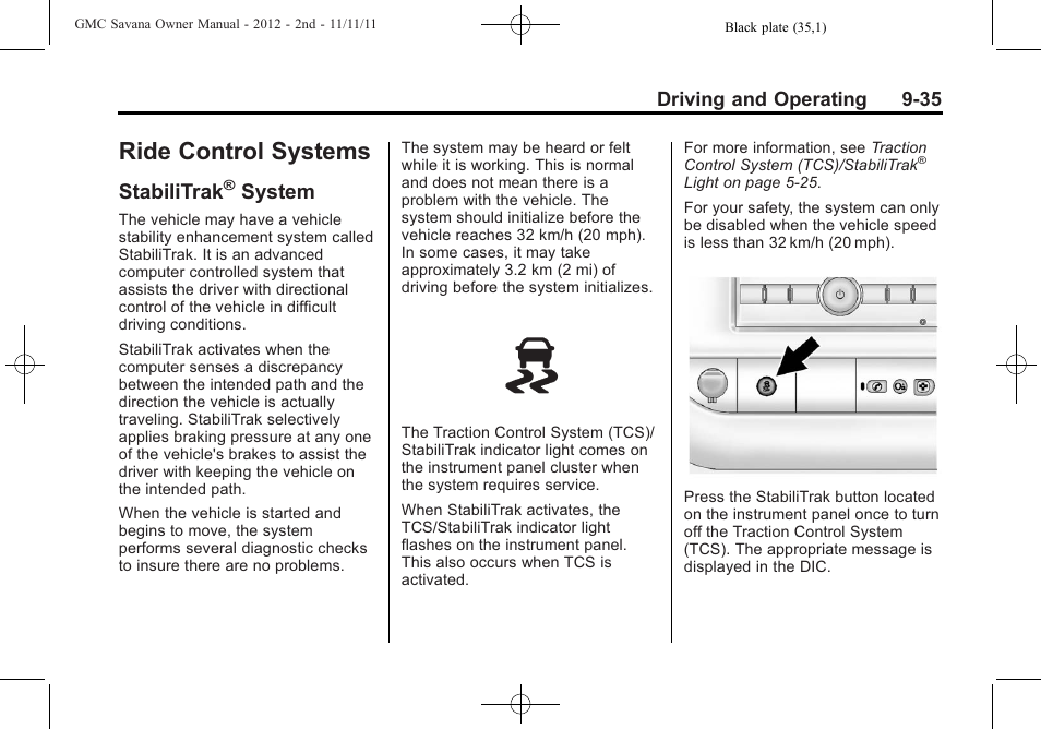 Ride control systems, Stabilitrak® system, Ride control systems -35 | Stabilitrak, System on, System -35, System | GMC 2012 Savana User Manual | Page 243 / 424