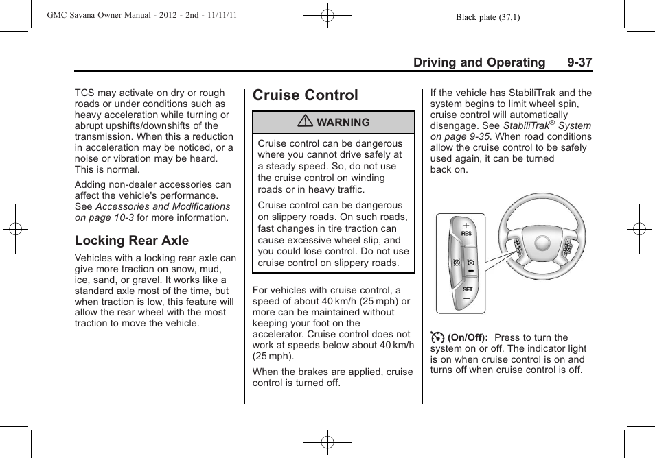 Locking rear axle, Cruise control, Cruise control -37 | Locking rear axle -37 | GMC 2012 Savana User Manual | Page 245 / 424