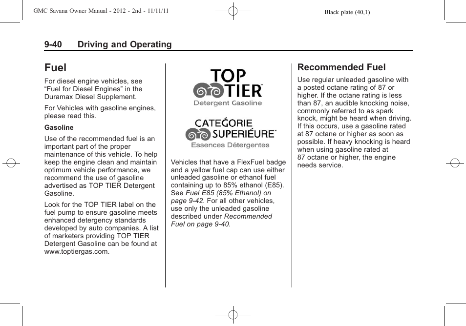 Fuel, Recommended fuel, Fuel -40 | Fuel -40 recommended fuel -40 | GMC 2012 Savana User Manual | Page 248 / 424