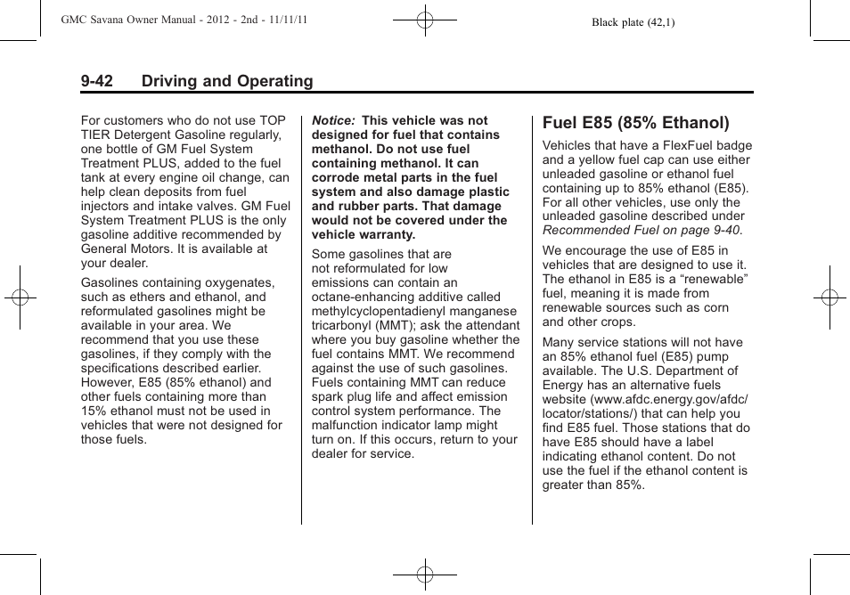 Fuel e85 (85% ethanol), Fuel e85 (85% ethanol) -42 | GMC 2012 Savana User Manual | Page 250 / 424