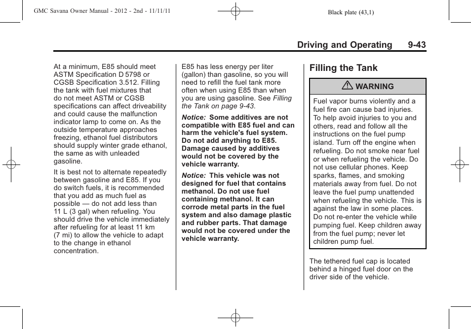 Filling the tank, Filling the tank -43 | GMC 2012 Savana User Manual | Page 251 / 424