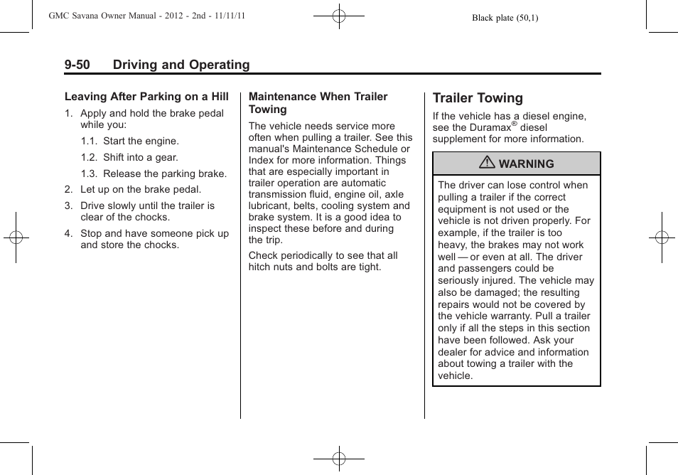 Trailer towing, Trailer towing -50, And can | GMC 2012 Savana User Manual | Page 258 / 424