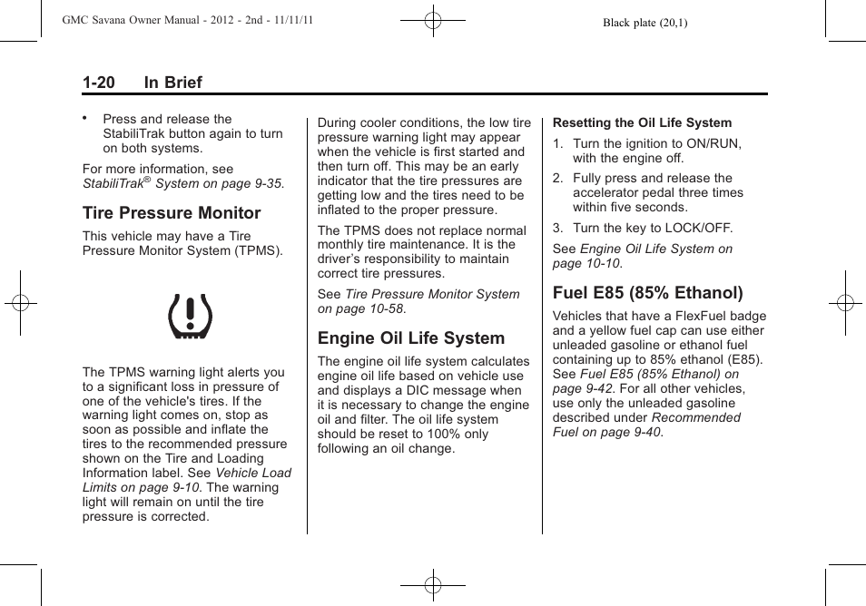 Tire pressure monitor, Engine oil life system, Fuel e85 (85% ethanol) | Tire pressure monitor -20, Oil life system -20, E85 (85% ethanol) -20, 20 in brief | GMC 2012 Savana User Manual | Page 26 / 424