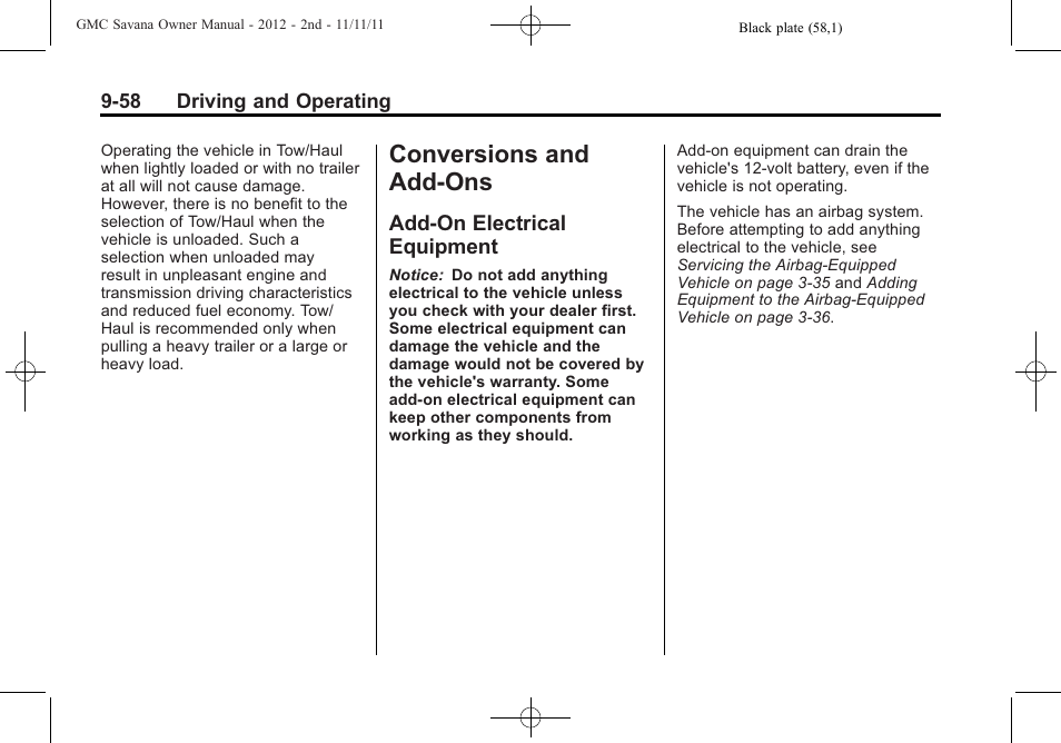 Conversions and add-ons, Add-on electrical equipment, Add-ons -58 | Add-on electrical, Equipment -58 | GMC 2012 Savana User Manual | Page 266 / 424