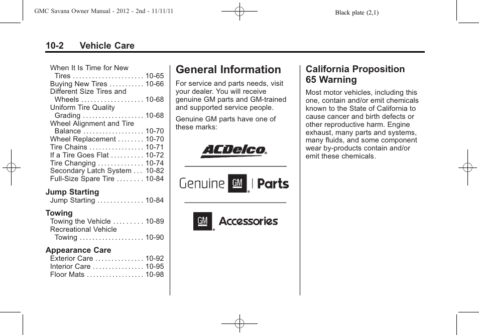 General information, California proposition 65 warning, Information -2 | General information -2 california proposition, 65 warning -2 | GMC 2012 Savana User Manual | Page 268 / 424