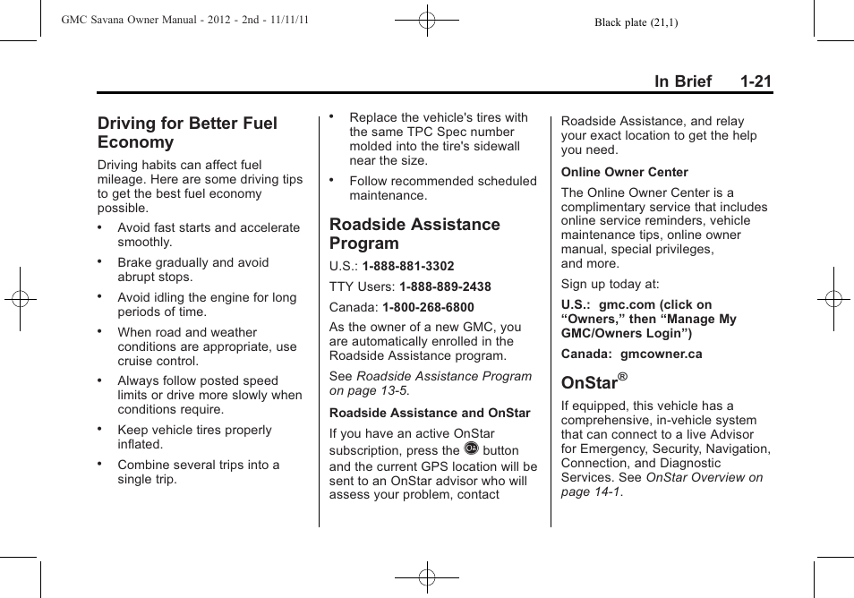 Driving for better fuel economy, Roadside assistance program, Onstar | Driving for better fuel, Economy -21, Roadside assistance, Program -21 | GMC 2012 Savana User Manual | Page 27 / 424