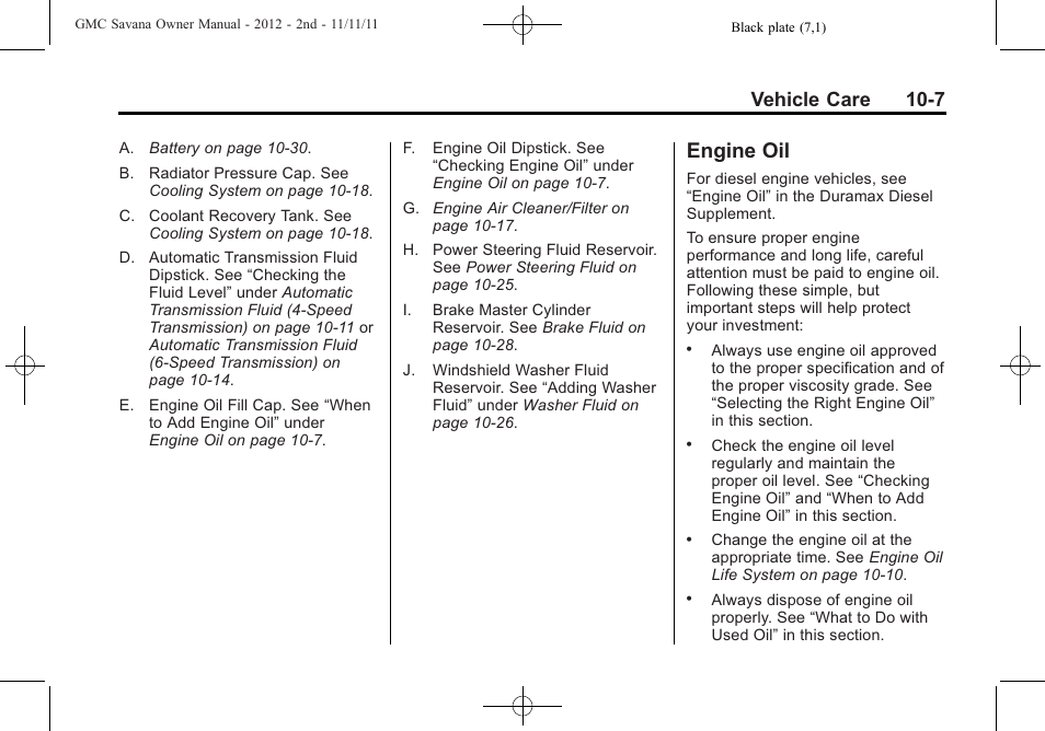 Engine oil, Engine oil -7, Wiper blade | Vehicle care 10-7 | GMC 2012 Savana User Manual | Page 273 / 424