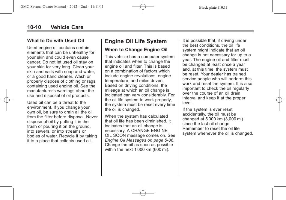 Engine oil life system, Engine oil life system -10 | GMC 2012 Savana User Manual | Page 276 / 424