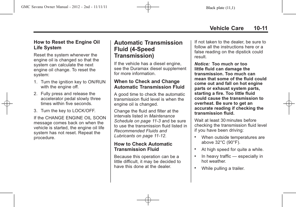 Automatic transmission fluid, Speed transmission) -11, Bulb | Vehicle care 10-11 | GMC 2012 Savana User Manual | Page 277 / 424