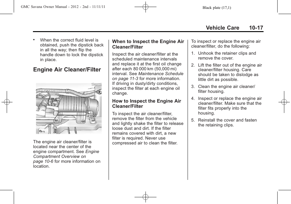 Engine air cleaner/filter, Engine air cleaner/filter -17, Engine air cleaner/filter on | Vehicle care 10-17 | GMC 2012 Savana User Manual | Page 283 / 424