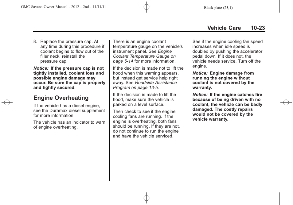 Engine overheating, Engine overheating -23, Vehicle care 10-23 | GMC 2012 Savana User Manual | Page 289 / 424