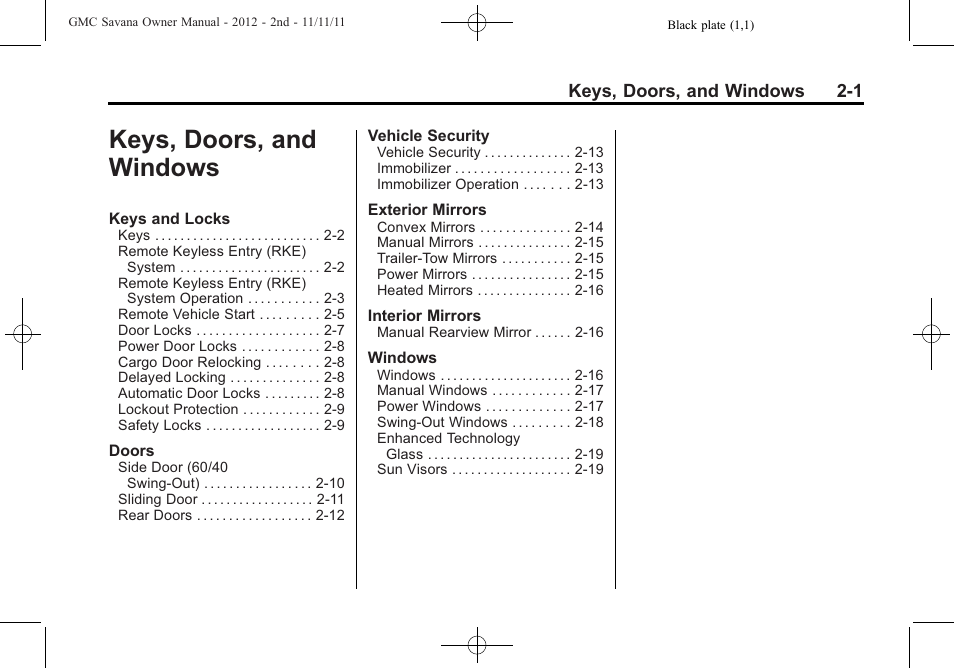 Keys, doors, and windows, Keys, doors, and, Windows -1 | GMC 2012 Savana User Manual | Page 29 / 424