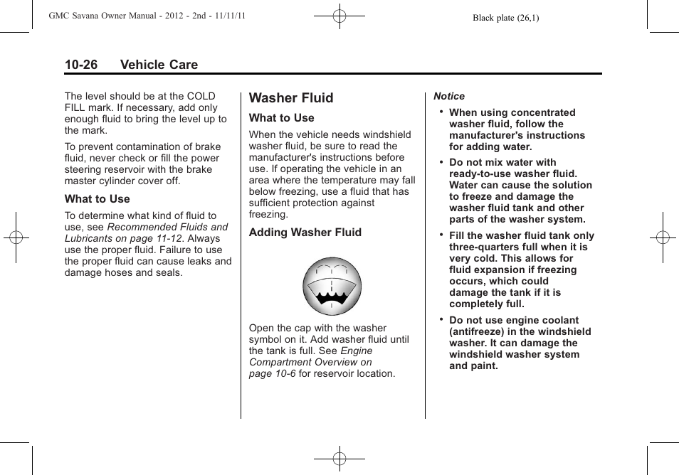 Washer fluid, Washer fluid -26, License | 26 vehicle care | GMC 2012 Savana User Manual | Page 292 / 424