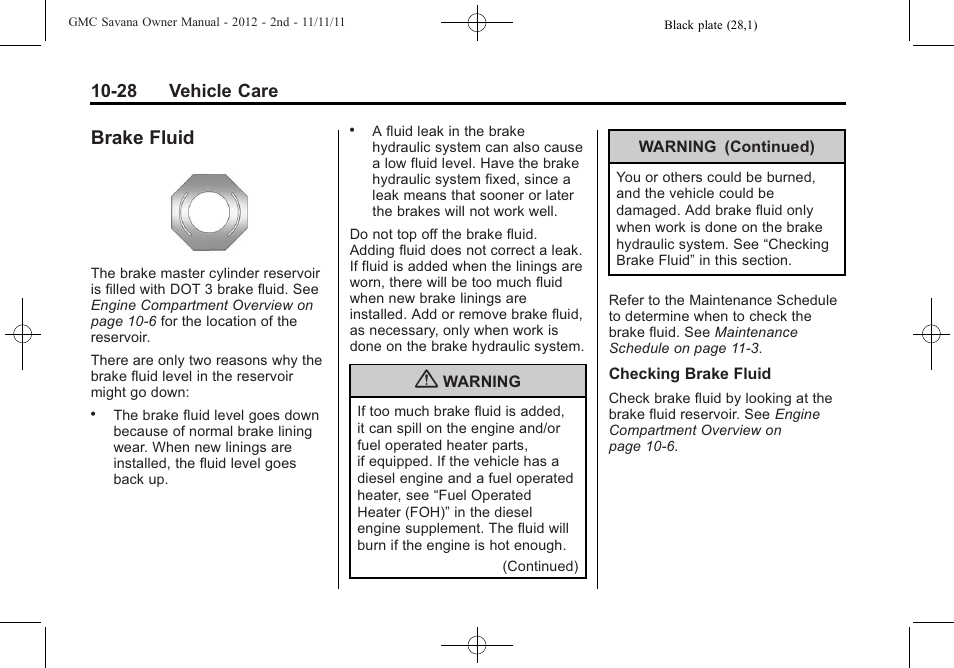 Brake fluid, Brake fluid -28 | GMC 2012 Savana User Manual | Page 294 / 424