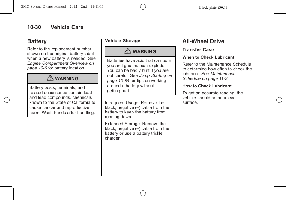 Battery, All-wheel drive, Battery -30 all-wheel drive -30 | Electrical | GMC 2012 Savana User Manual | Page 296 / 424