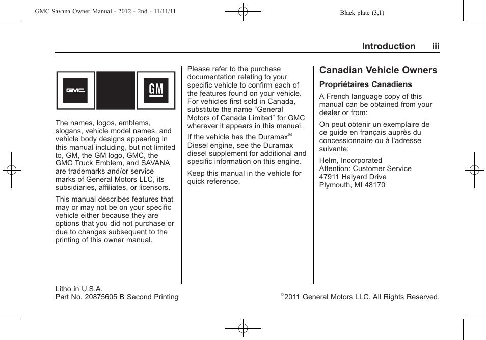 Introduction, Canadian vehicle owners, Introduction iii | GMC 2012 Savana User Manual | Page 3 / 424