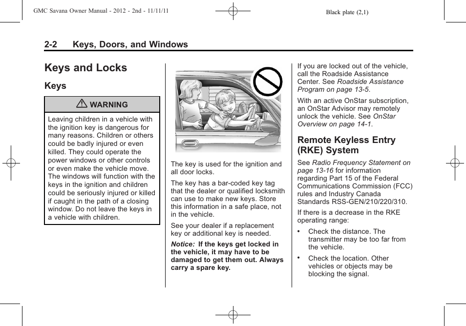 Keys and locks, Keys, Remote keyless entry (rke) system | Keys and locks -2, Vehicle personalization, Keys -2 remote keyless entry (rke), System -2 | GMC 2012 Savana User Manual | Page 30 / 424