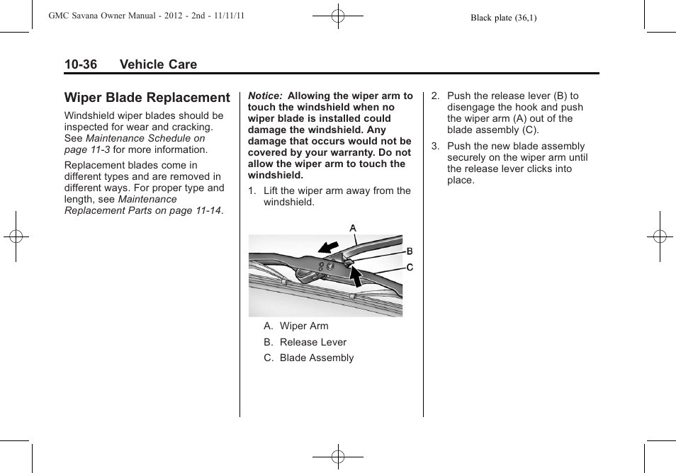 Wiper blade replacement, Replacement -36, 36 vehicle care | GMC 2012 Savana User Manual | Page 302 / 424