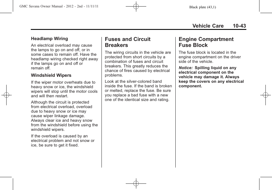 Fuses and circuit breakers, Engine compartment fuse block, And circuit | Breakers -43, Engine compartment fuse, Block -43 | GMC 2012 Savana User Manual | Page 309 / 424