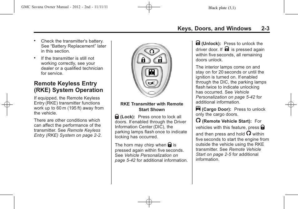 Remote keyless entry (rke) system operation, Remote keyless entry (rke), System operation -3 | GMC 2012 Savana User Manual | Page 31 / 424