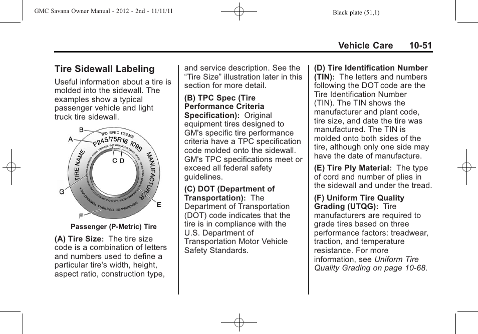 Tire sidewall labeling, Tire sidewall labeling -51 | GMC 2012 Savana User Manual | Page 317 / 424