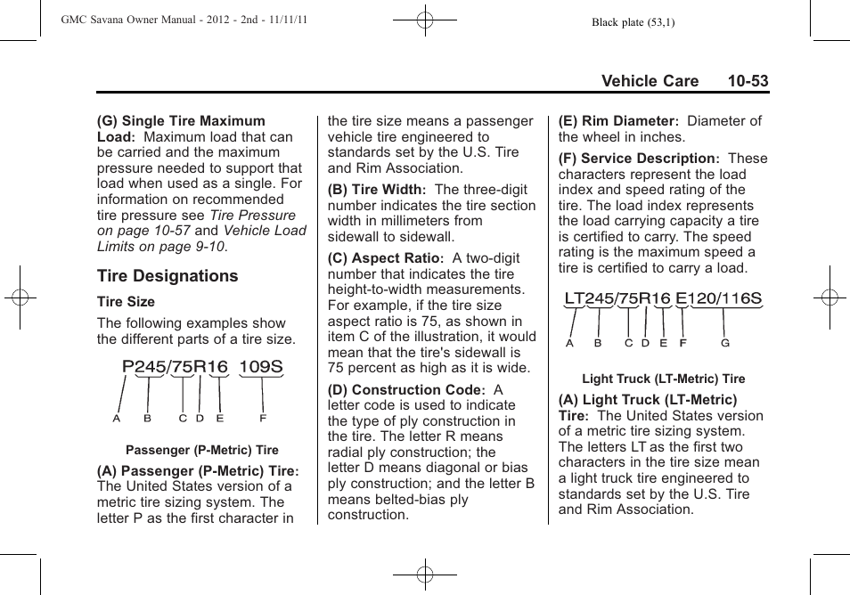 Tire designations, Tire designations -53 | GMC 2012 Savana User Manual | Page 319 / 424