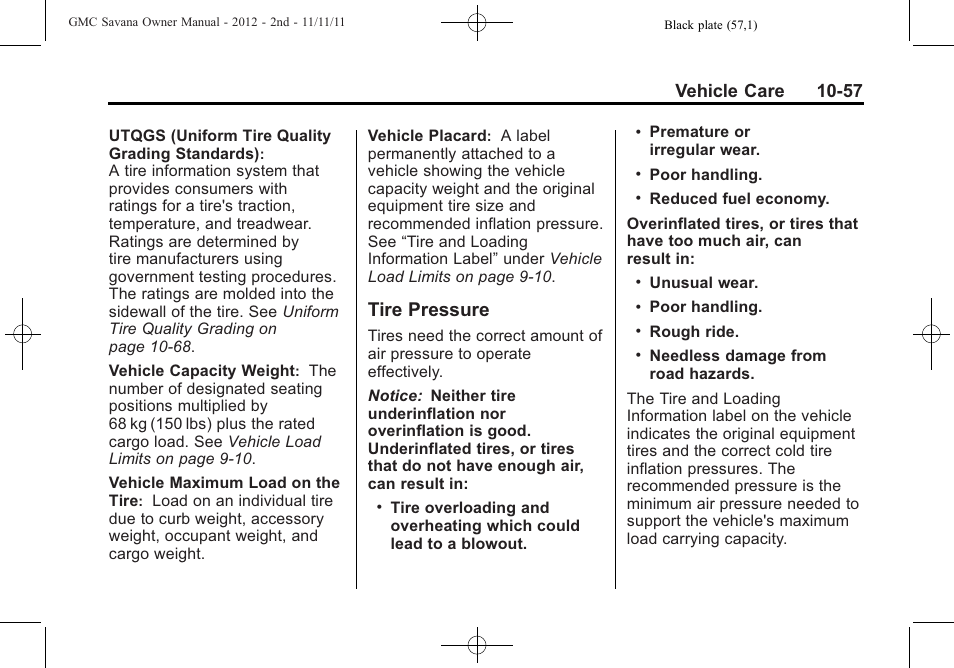 Tire pressure, Tire pressure -57, Vehicle care 10-57 | GMC 2012 Savana User Manual | Page 323 / 424