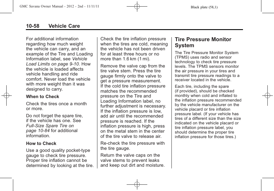 Tire pressure monitor system, Tire pressure monitor, System -58 | GMC 2012 Savana User Manual | Page 324 / 424