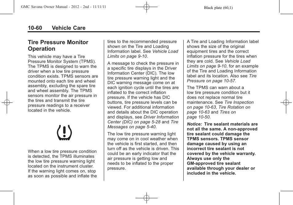 Tire pressure monitor operation, Ire pressure monitor, Operation -60 | GMC 2012 Savana User Manual | Page 326 / 424