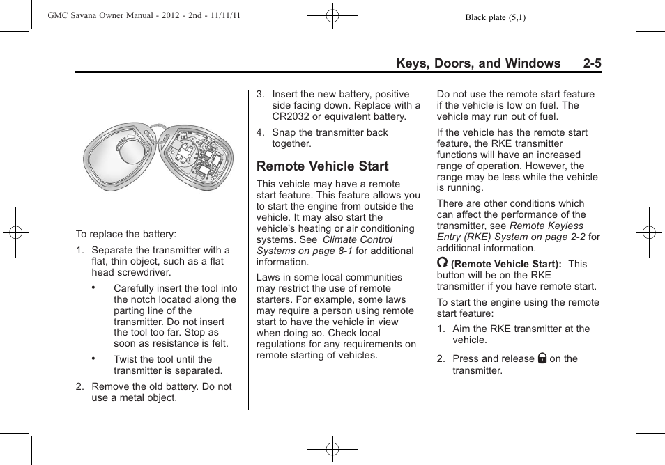 Remote vehicle start, Remote vehicle start -5, Keys, doors, and windows 2-5 | GMC 2012 Savana User Manual | Page 33 / 424