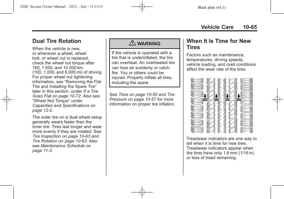 Dual tire rotation, When it is time for new tires, Dual tire rotation -65 | When it is time for new, Tires -65 | GMC 2012 Savana User Manual | Page 331 / 424