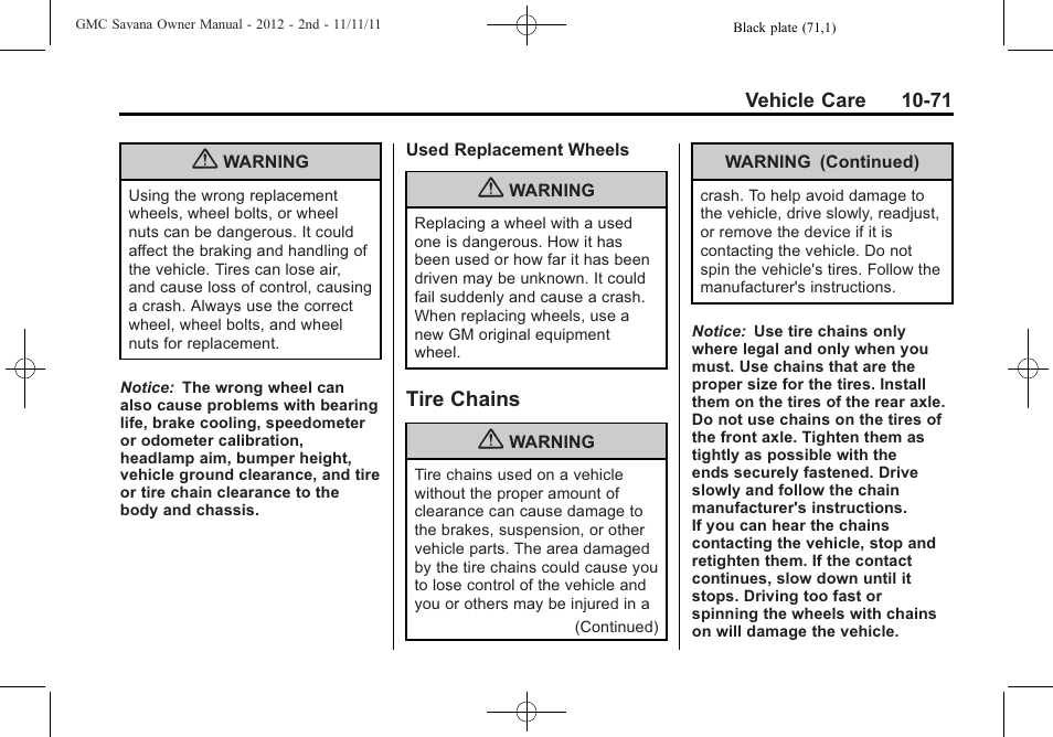 Tire chains, Tire chains -71 | GMC 2012 Savana User Manual | Page 337 / 424