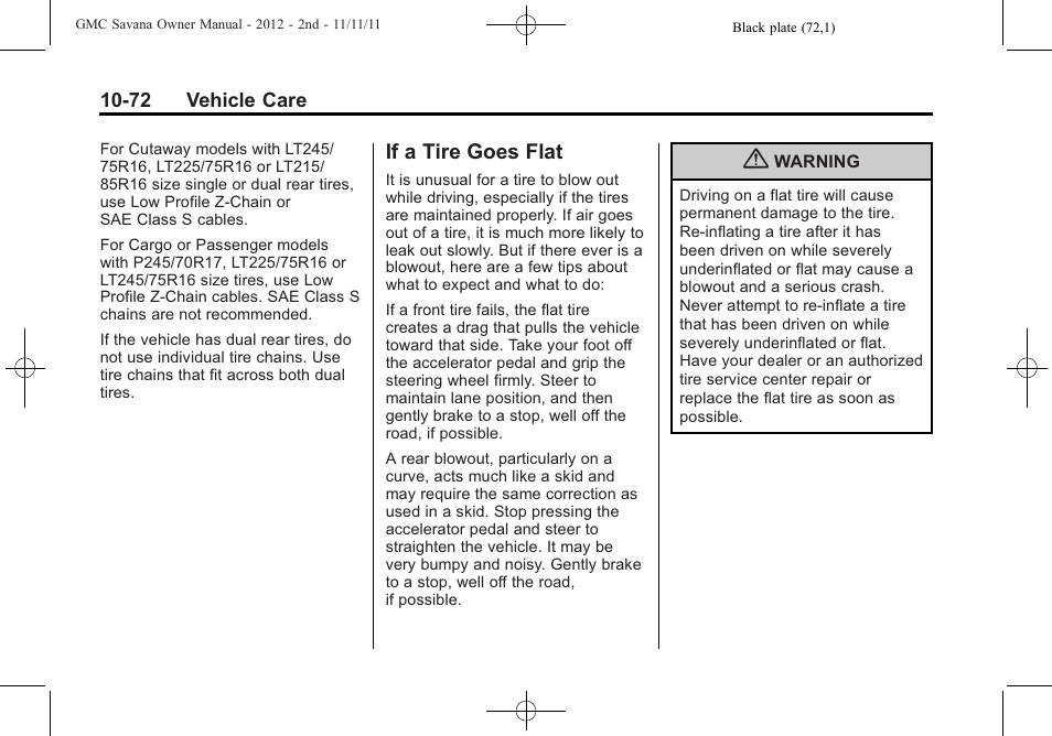 If a tire goes flat, If a tire goes flat -72 | GMC 2012 Savana User Manual | Page 338 / 424