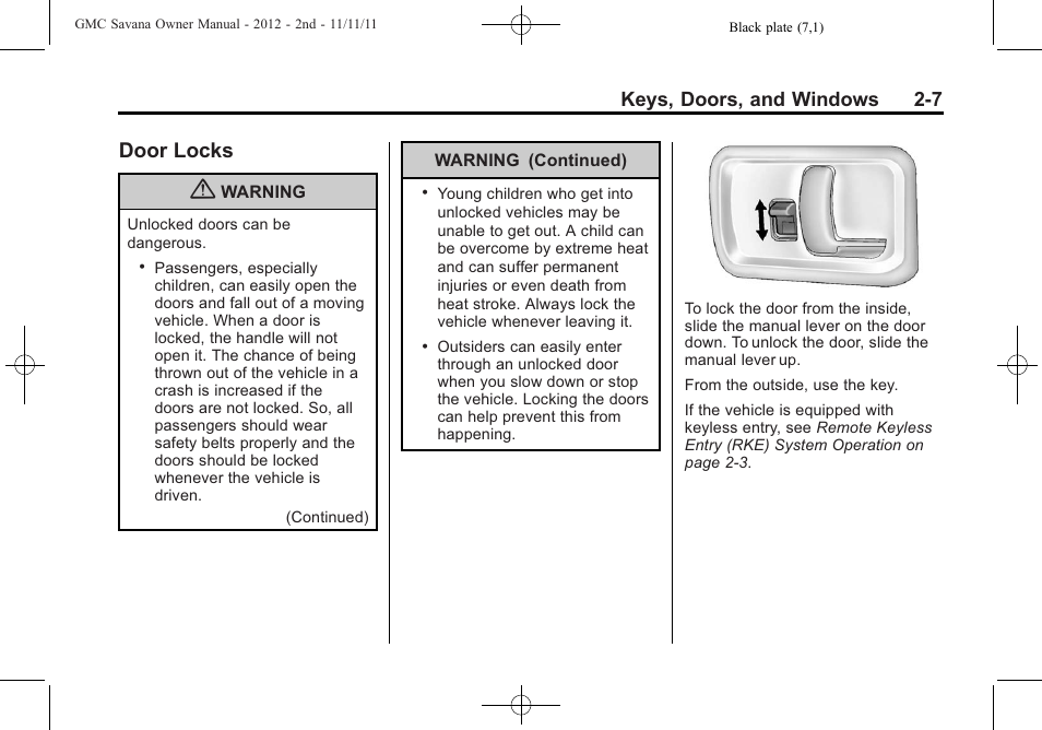 Door locks, Door locks -7, Keys, doors, and windows 2-7 | GMC 2012 Savana User Manual | Page 35 / 424