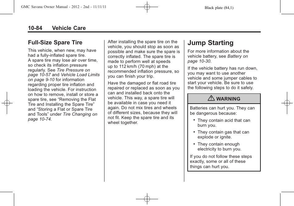 Full-size spare tire, Jump starting, Full-size spare tire -84 | Jump starting -84 | GMC 2012 Savana User Manual | Page 350 / 424