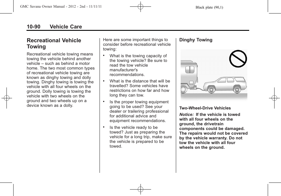 Recreational vehicle towing, Recreational vehicle, Towing -90 | 90 vehicle care | GMC 2012 Savana User Manual | Page 356 / 424