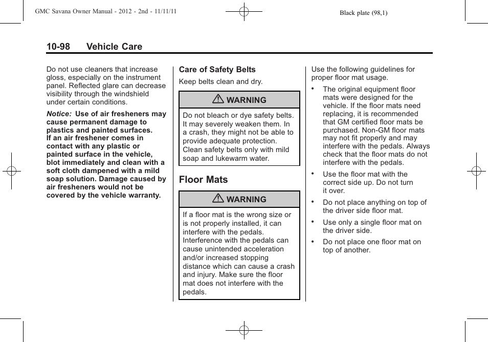 Floor mats, Floor mats -98, 98 vehicle care | GMC 2012 Savana User Manual | Page 364 / 424