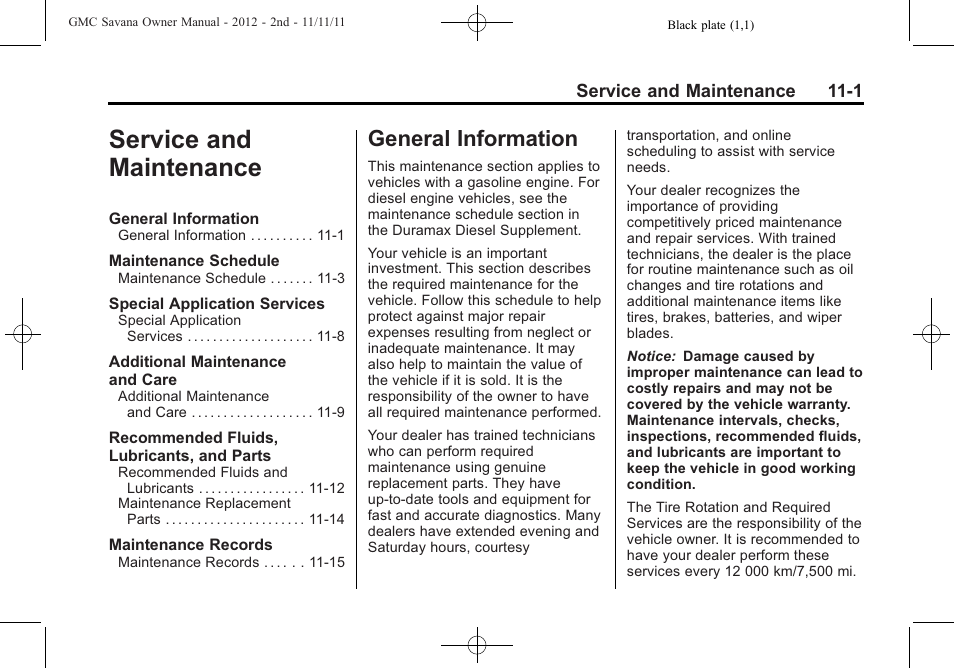 Service and maintenance, General information, Service and maintenance -1 | General information -1 | GMC 2012 Savana User Manual | Page 365 / 424