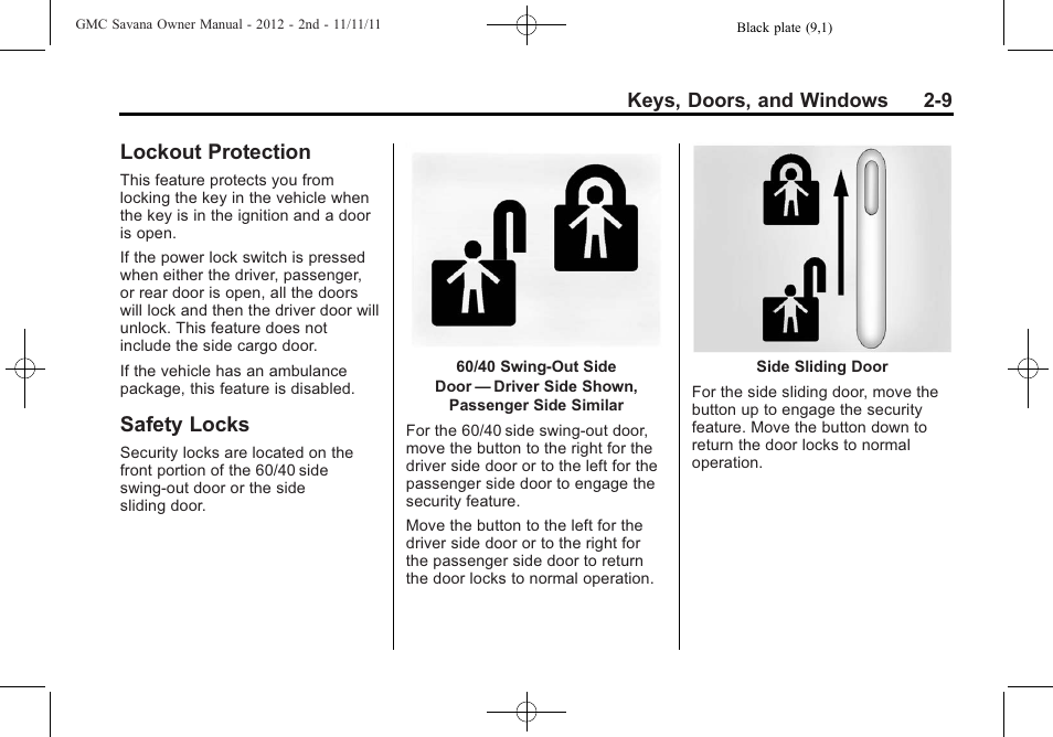 Lockout protection, Safety locks, Lockout protection -9 safety locks -9 | GMC 2012 Savana User Manual | Page 37 / 424