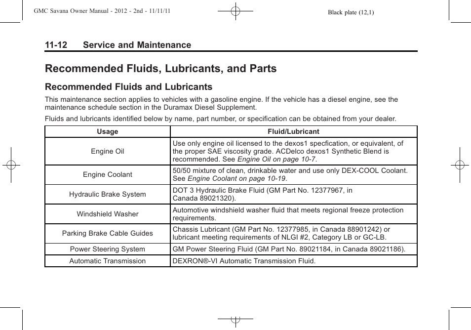 Recommended fluids, lubricants, and parts, Recommended fluids and lubricants, Recommended fluids | Lubricants, and parts -12, Recommended fluids and, Lubricants -12 | GMC 2012 Savana User Manual | Page 376 / 424