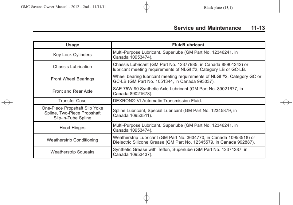 Service and maintenance 11-13 | GMC 2012 Savana User Manual | Page 377 / 424