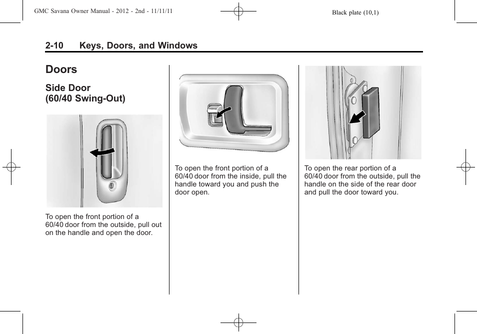 Doors, Side door (60/40 swing-out), Doors -10 | Side door (60/40, Swing-out) -10 | GMC 2012 Savana User Manual | Page 38 / 424