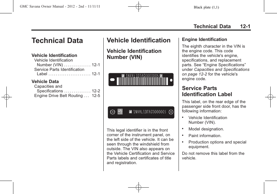 Technical data, Vehicle identification, Vehicle identification number (vin) | Service parts identification label, Technical data -1, Vehicle identification -1, Technical data 12-1 | GMC 2012 Savana User Manual | Page 383 / 424