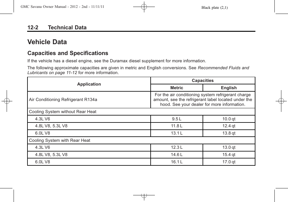 Vehicle data, Capacities and specifications, Vehicle data -2 | Capacities and, Specifications -2, 2 technical data | GMC 2012 Savana User Manual | Page 384 / 424