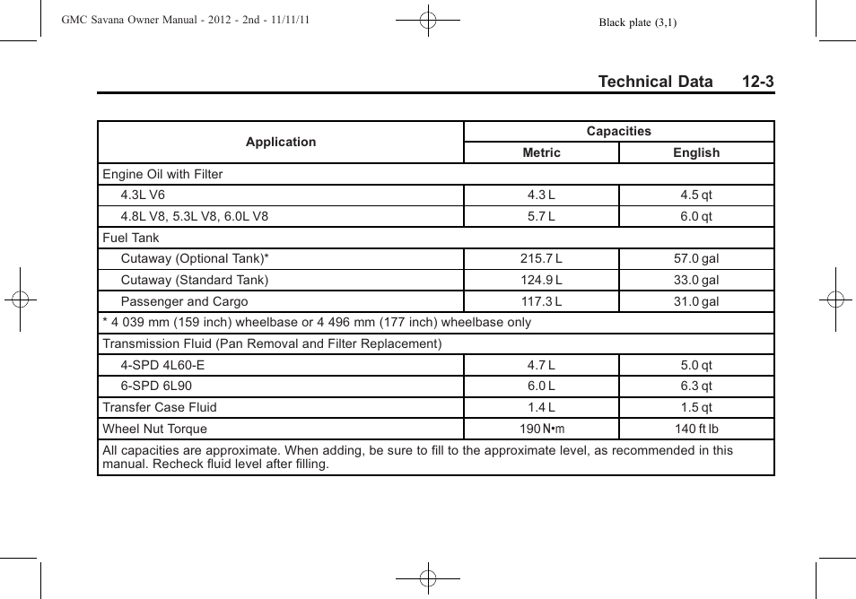 Technical data 12-3 | GMC 2012 Savana User Manual | Page 385 / 424