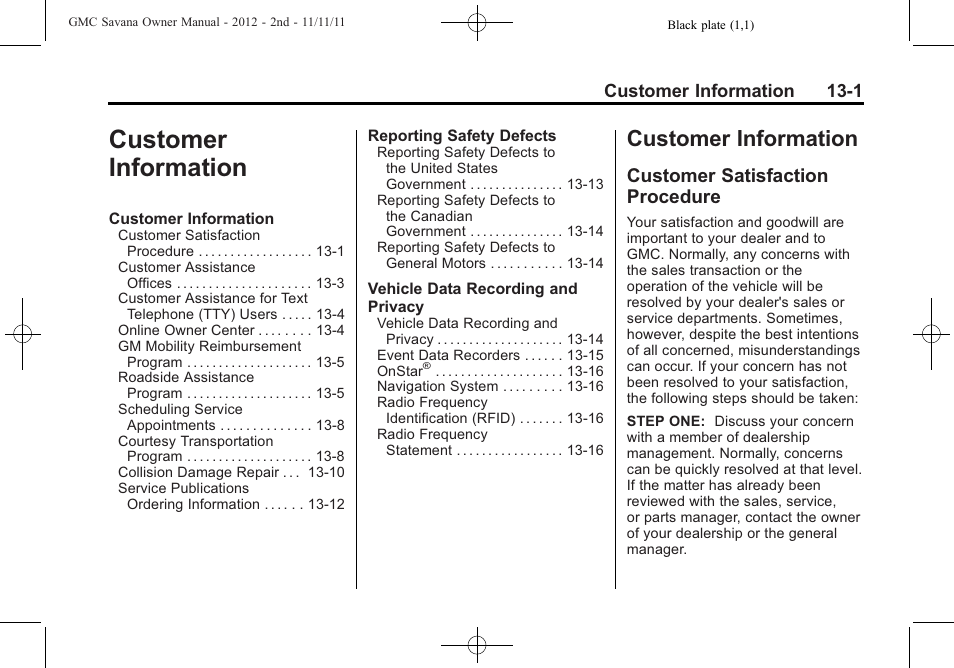 Customer information, Customer satisfaction procedure, Customer information -1 | GMC 2012 Savana User Manual | Page 389 / 424