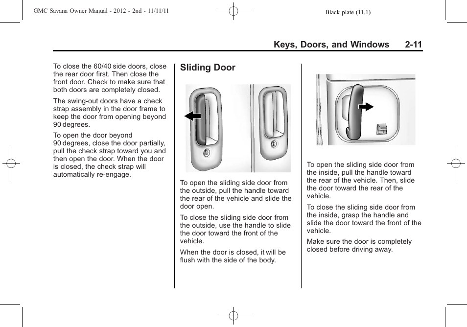 Sliding door, Sliding door -11 | GMC 2012 Savana User Manual | Page 39 / 424